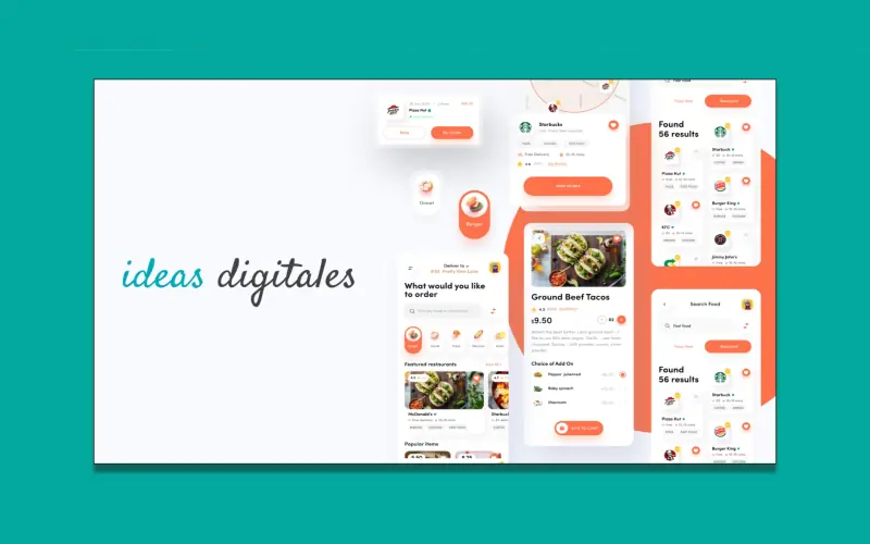Pantallas de una app de pedidos de comida en blanco y coral