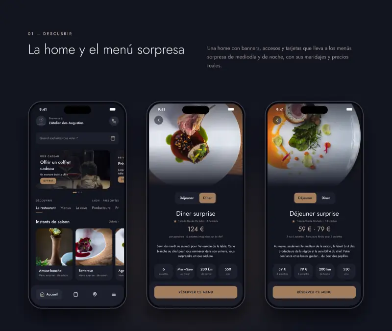 Pantalla de inicio de la app y fichas de los menús sorpresa de almuerzo y cena, con precio y número de platos