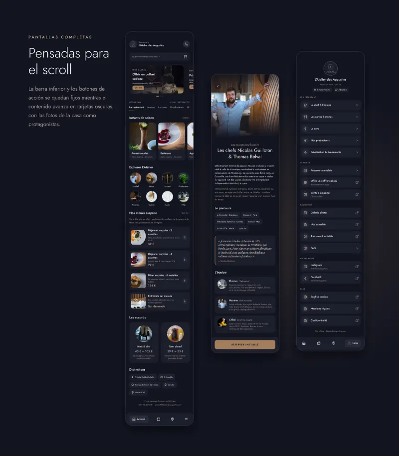 Tres pantallas completas de la app, de arriba abajo, con la barra de navegación inferior
