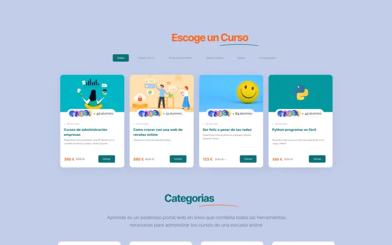 Catálogo de cursos con categorías y precios