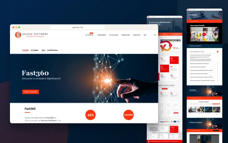 Diseño de la portada de Gecose Software en un navegador, junto a las páginas Kit Digital y Formación