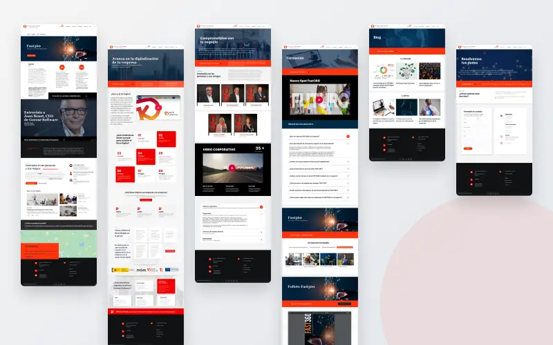 Las páginas del diseño de Gecose Software una al lado de otra: inicio, Kit Digital, Conócenos, Formación, Blog y Contacto