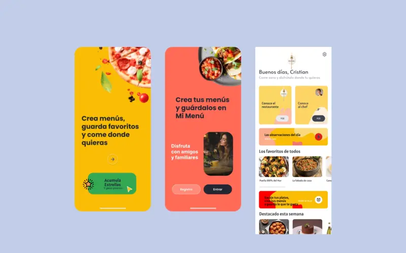 Tres pantallas de móvil de la app Mi Menú