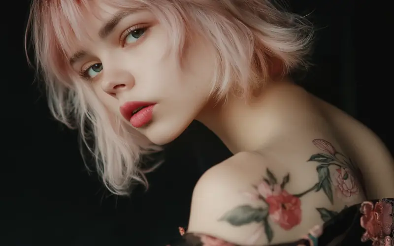 Personaje creado con IA: chica de pelo rosa con un tatuaje de flores en el hombro