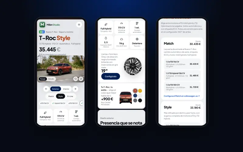 Tres pantallas de la web del Nuevo T‑Roc en un móvil: portada con el giro, datos de la versión y lista de versiones con precios