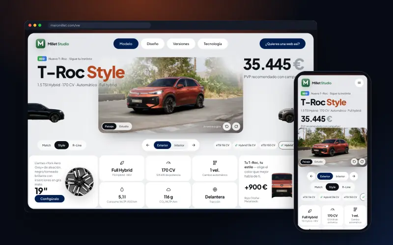 Web concept del Nuevo T‑Roc en un navegador y en un móvil, con el coche en Rojo Otoñal y la versión Style